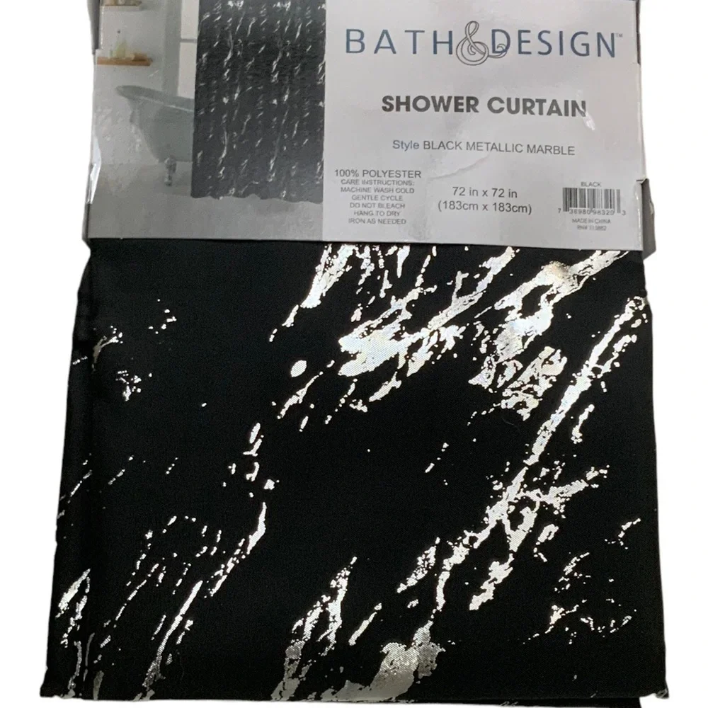 Today’s Living Black Marble Metallic Silver Fabric Shower Curtain 72 in X 72 in